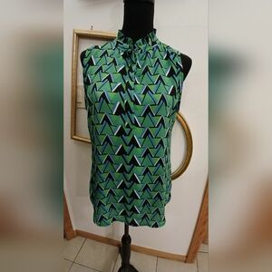 Caroline Belle Med Green, Blue, Blk, Geometric Sleeveless Blouse